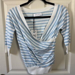 Paisie Lille Light Blue & White Striped Knit Wrap Top 3/4 Sleeve - Small - NWT